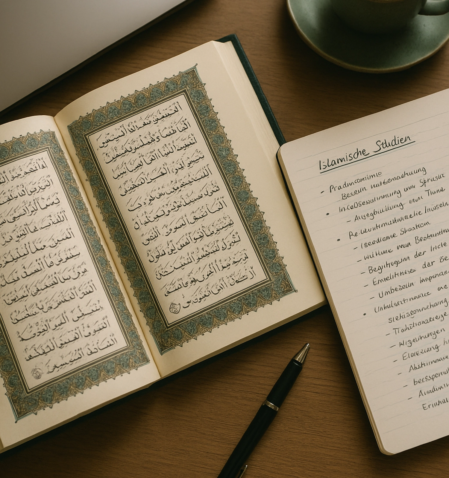 Koran auf Schreibtisch mit Heft und Stift